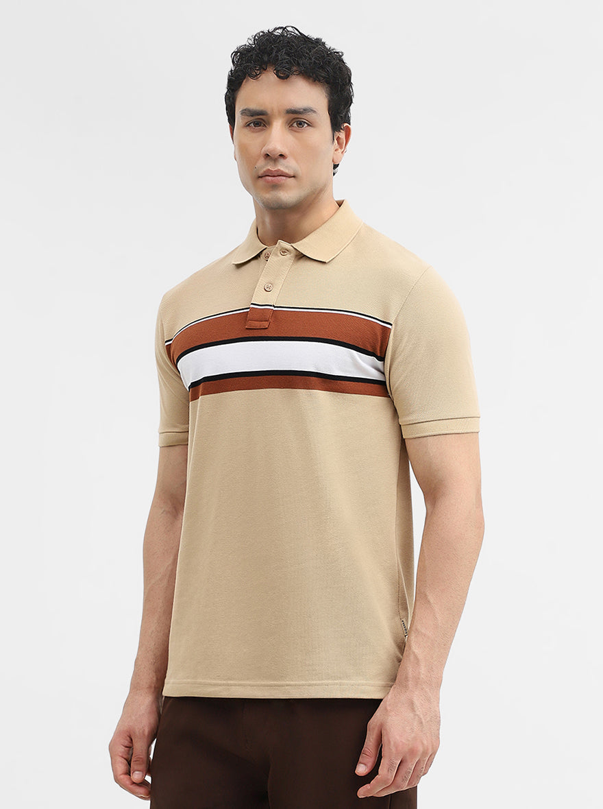 Khaki & Brown Striped Slim Fit Polo T-Shirt | Greenfibre