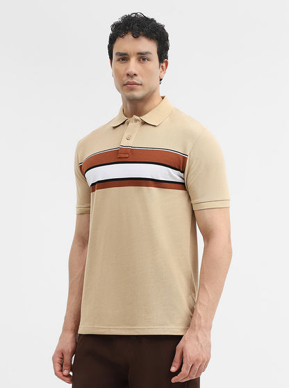 Khaki & Brown Striped Slim Fit Polo T-Shirt | Greenfibre