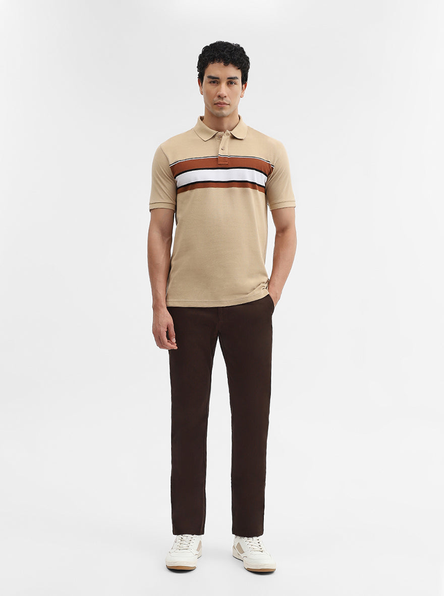 Khaki & Brown Striped Slim Fit Polo T-Shirt | Greenfibre