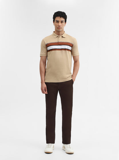 Khaki & Brown Striped Slim Fit Polo T-Shirt | Greenfibre