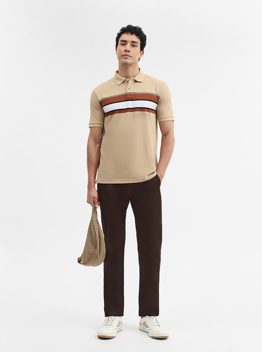 Khaki & Brown Striped Slim Fit Polo T-Shirt | Greenfibre