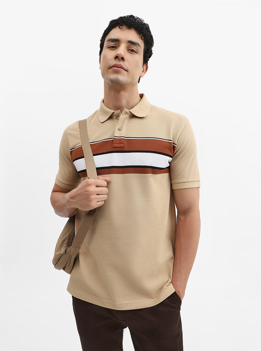 Khaki & Brown Striped Slim Fit Polo T-Shirt | Greenfibre