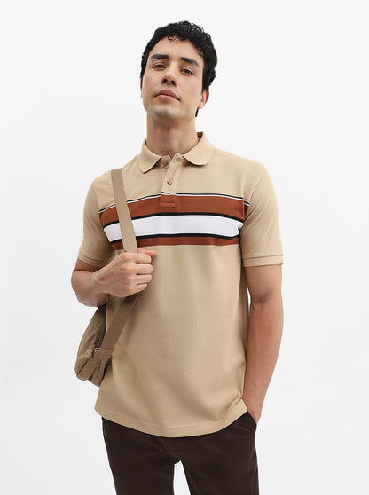 Khaki & Brown Striped Slim Fit Polo T-Shirt | Greenfibre