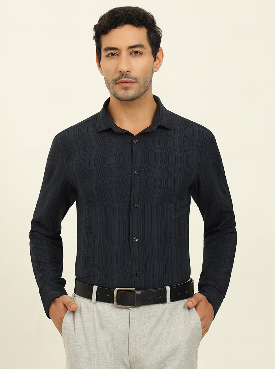 Dark Blue Striped Slim Fit Party Wear Shirt | Wyre