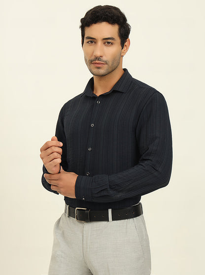 Dark Blue Striped Slim Fit Party Wear Shirt | Wyre