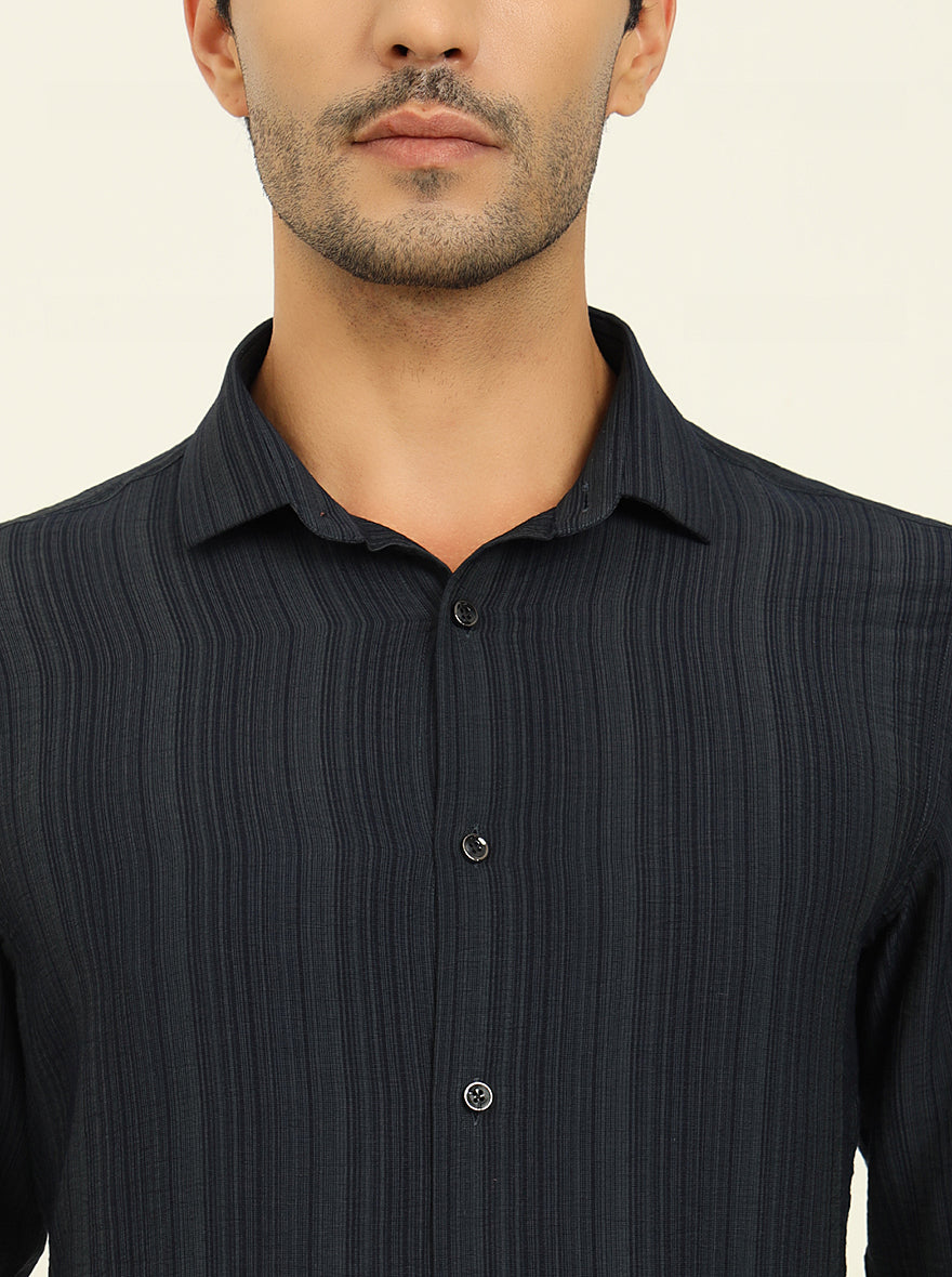 Dark Blue Striped Slim Fit Party Wear Shirt | Wyre