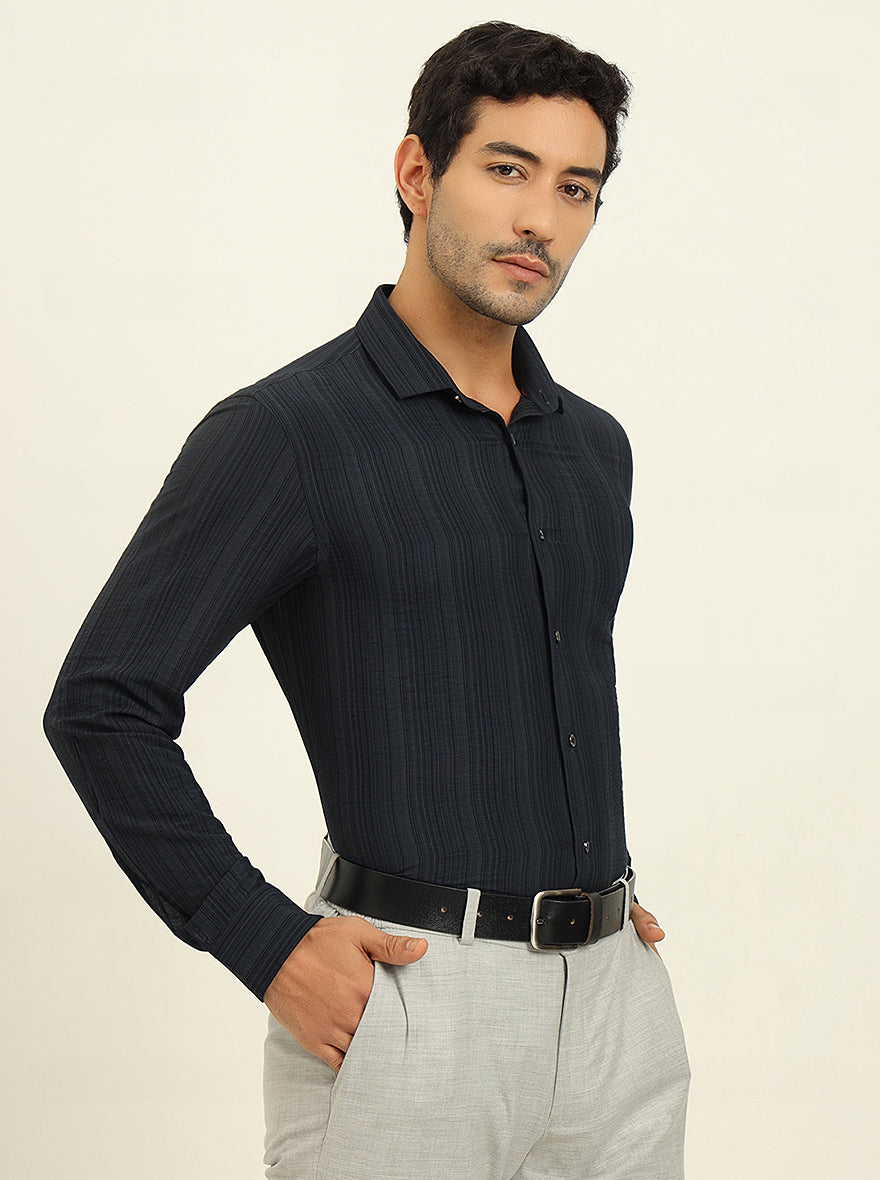 Dark Blue Striped Slim Fit Party Wear Shirt | Wyre