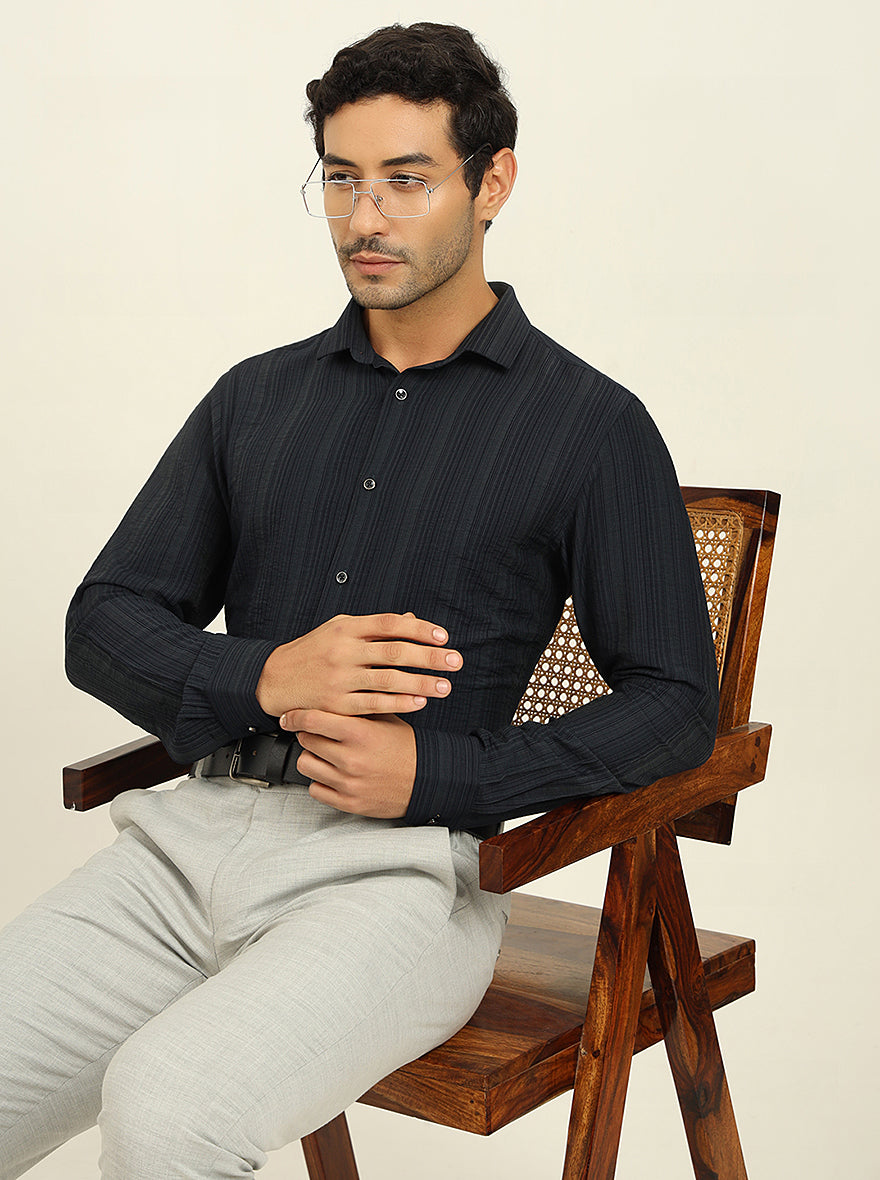 Dark Blue Striped Slim Fit Party Wear Shirt | Wyre