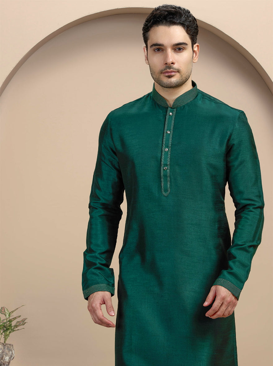 Bottle Green Solid Kurta Pajama | Virasana