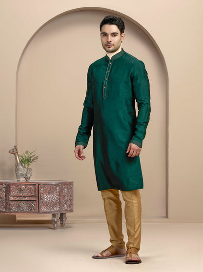 Bottle Green Solid Kurta Pajama | Virasana