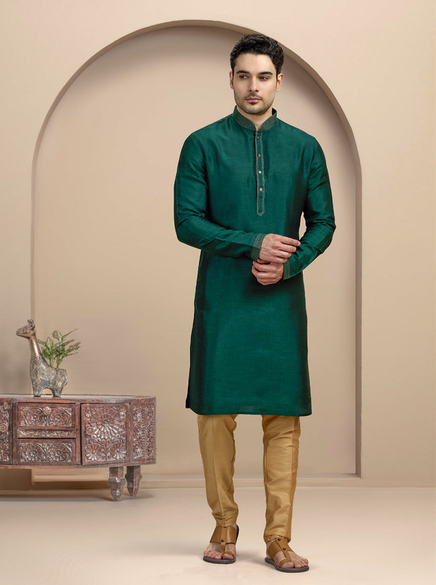 Bottle Green Solid Kurta Pajama | Virasana