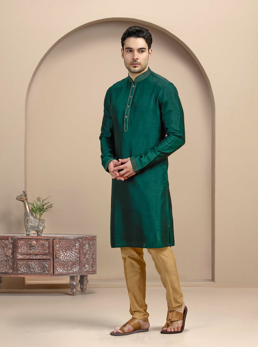 Bottle Green Solid Kurta Pajama | Virasana