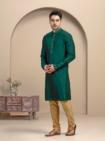 Bottle Green Solid Kurta Pajama | Virasana
