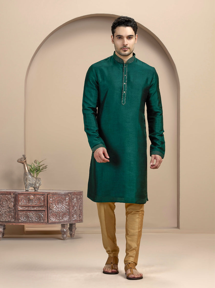 Bottle Green Solid Kurta Pajama | Virasana