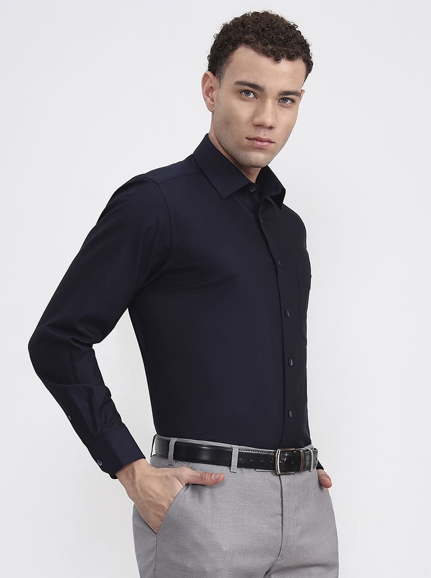 Navy Blue Printed Regular Fit Formal Shirt | JadeBlue