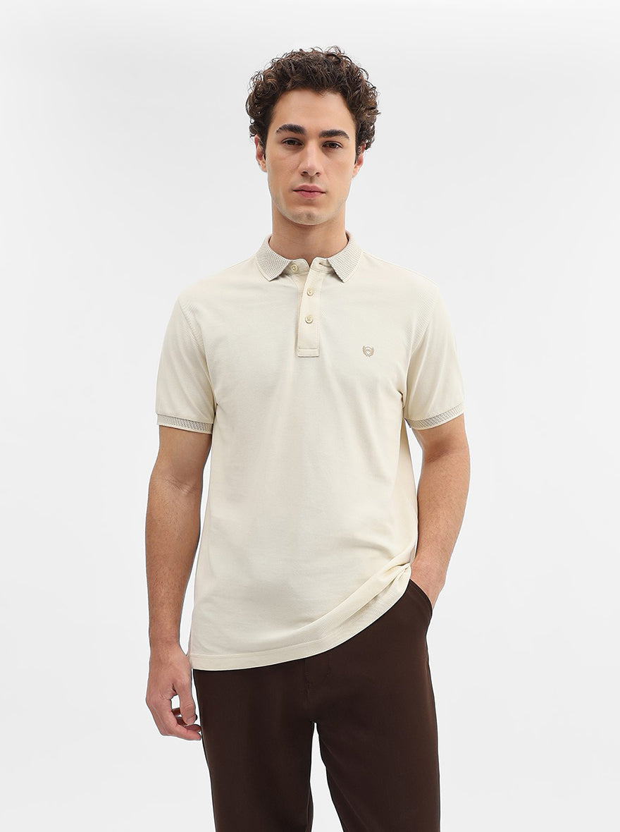 Bone White Solid Slim Fit Polo T-Shirt | JadeBlue