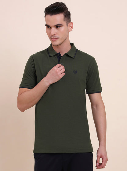 Olive Green Solid Slim Fit Polo T-Shirt | Greenfibre