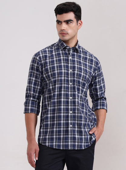 Navy Blue Checked Tailored Fit Semi Casual Shirt | JadeBlue