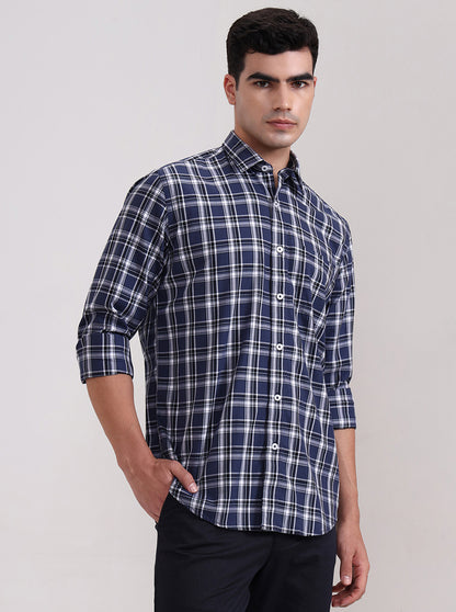 Navy Blue Checked Tailored Fit Semi Casual Shirt | JadeBlue