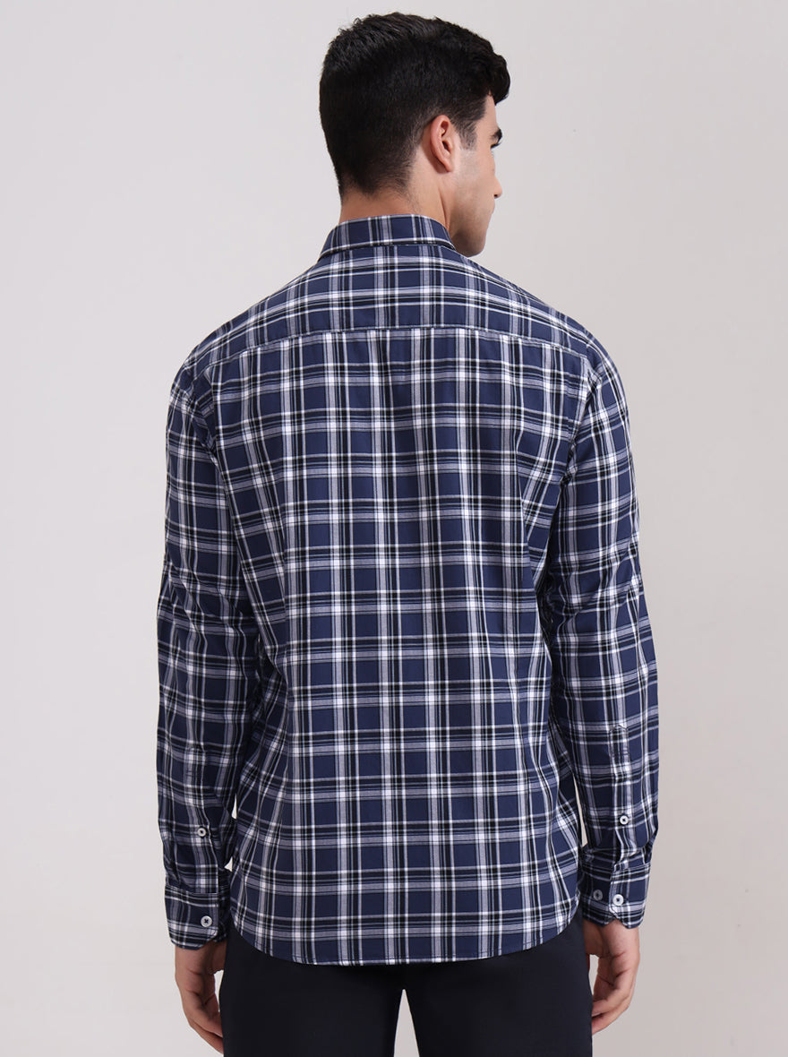 Navy Blue Checked Tailored Fit Semi Casual Shirt | JadeBlue