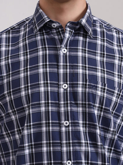 Navy Blue Checked Tailored Fit Semi Casual Shirt | JadeBlue