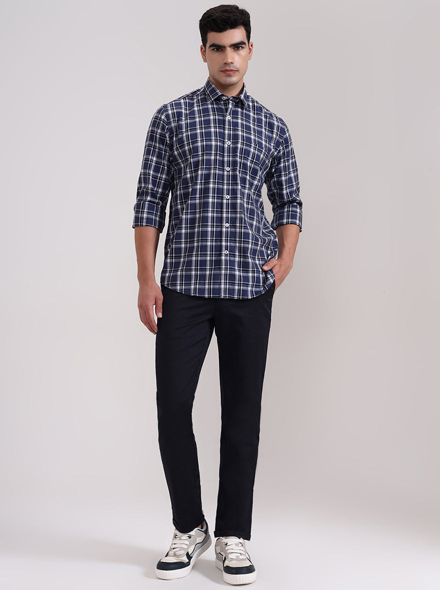 Navy Blue Checked Tailored Fit Semi Casual Shirt | JadeBlue