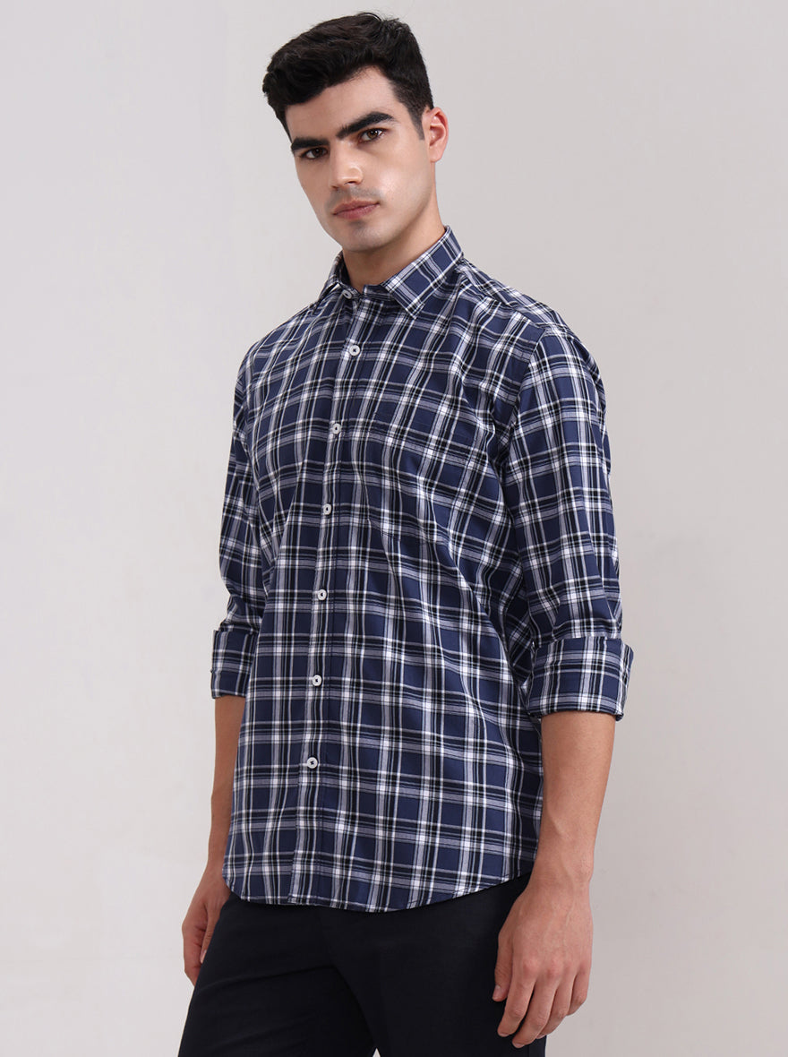 Navy Blue Checked Tailored Fit Semi Casual Shirt | JadeBlue