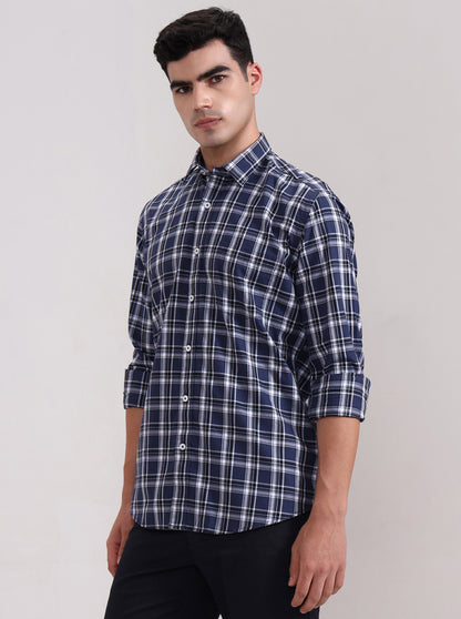 Navy Blue Checked Tailored Fit Semi Casual Shirt | JadeBlue