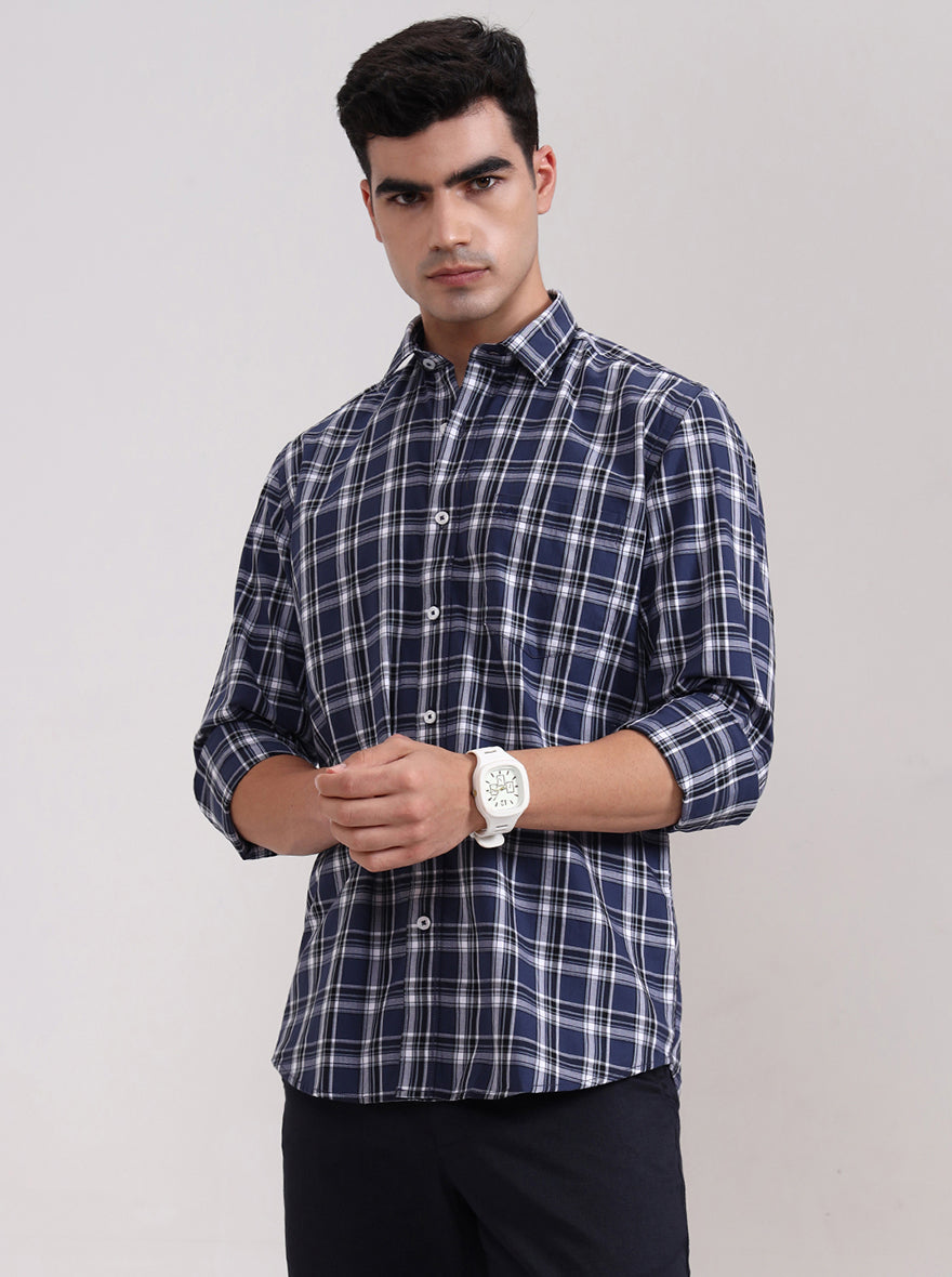Navy Blue Checked Tailored Fit Semi Casual Shirt | JadeBlue