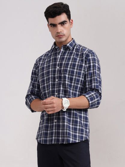 Navy Blue Checked Tailored Fit Semi Casual Shirt | JadeBlue