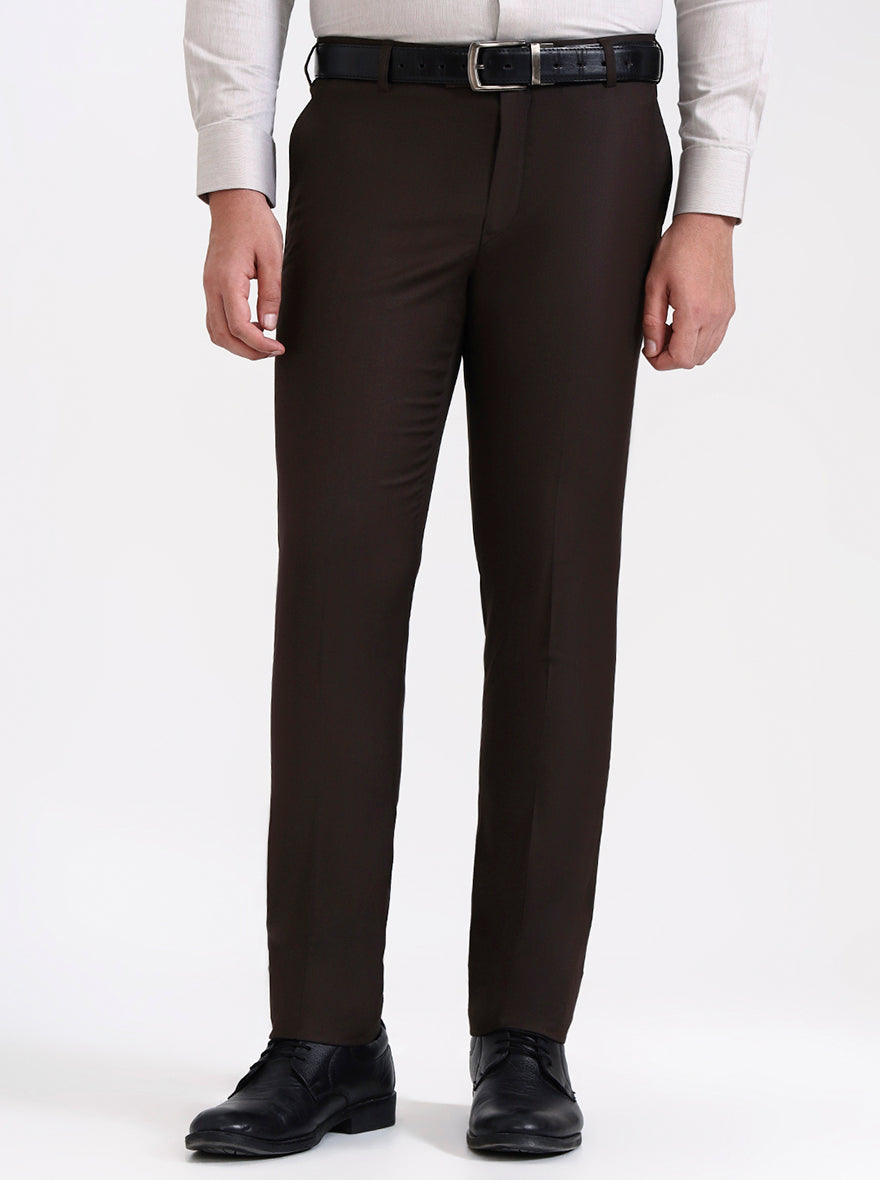 Brown Solid Slim Fit Formal Trouser | Metal