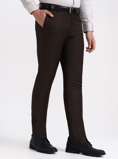 Brown Solid Slim Fit Formal Trouser | Metal