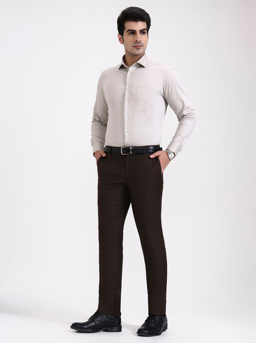 Brown Solid Slim Fit Formal Trouser | Metal