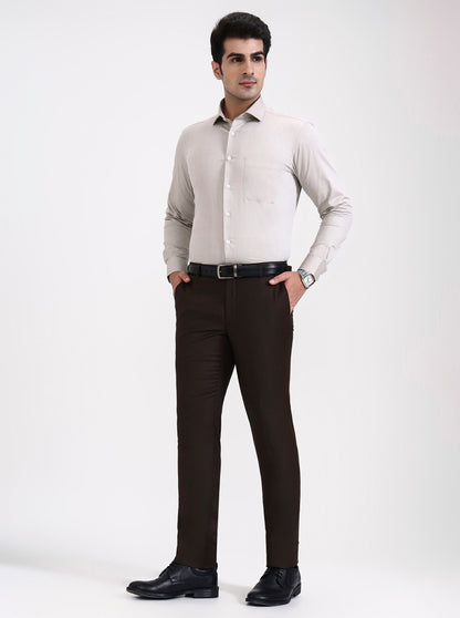 Brown Solid Slim Fit Formal Trouser | Metal