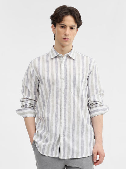 Grey & White Striped Slim Fit Casual Shirt | JadeBlue