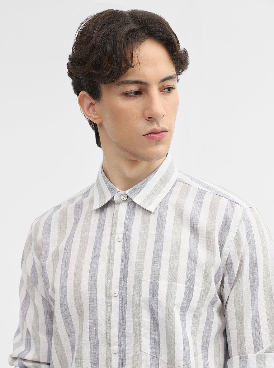 Grey & White Striped Slim Fit Casual Shirt | JadeBlue