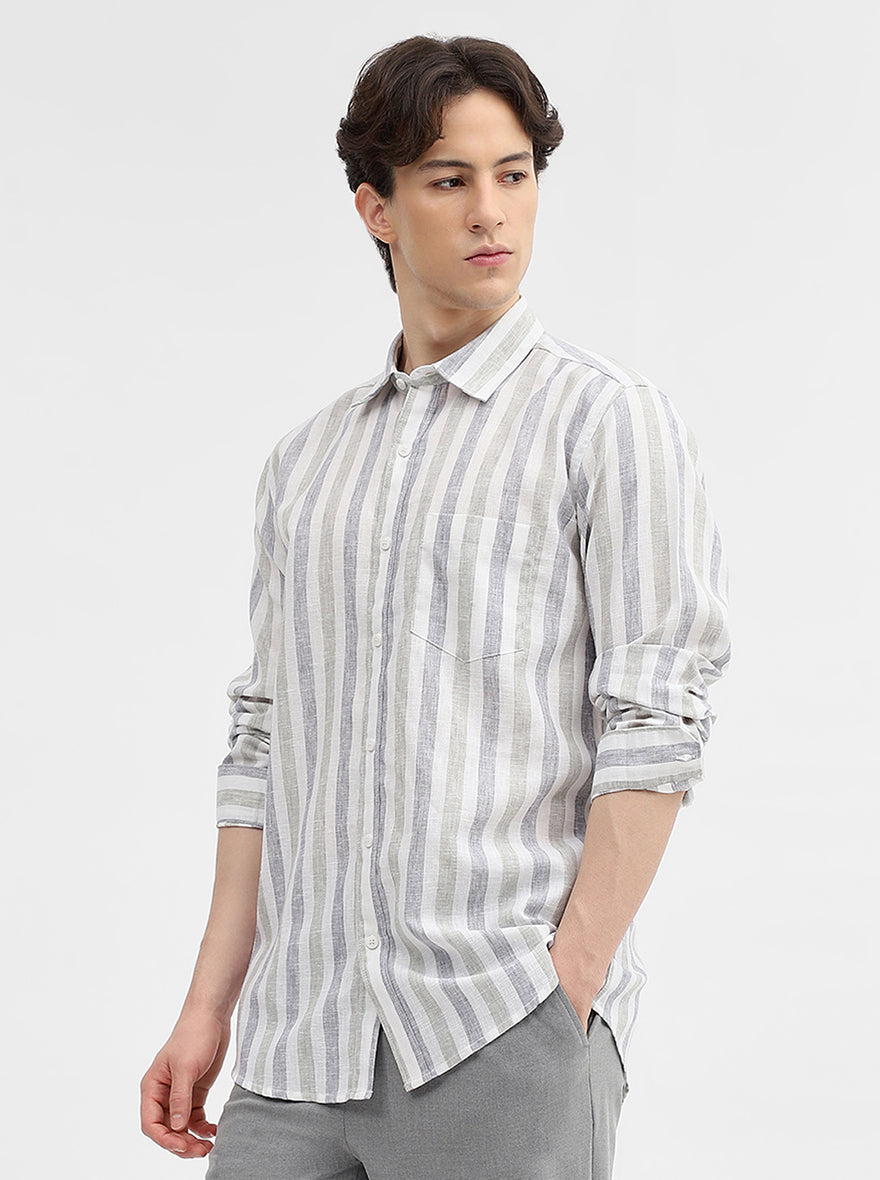 Grey & White Striped Slim Fit Casual Shirt | JadeBlue