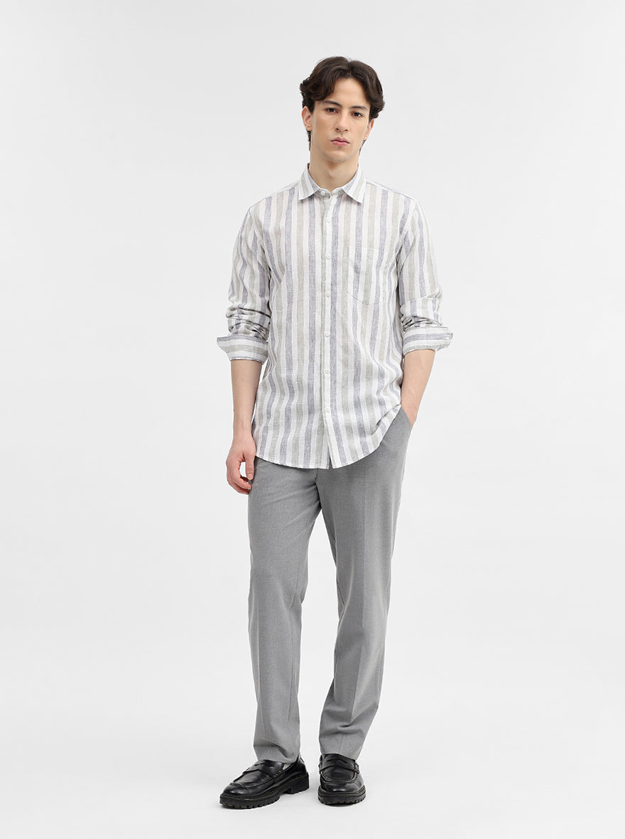 Grey & White Striped Slim Fit Casual Shirt | JadeBlue
