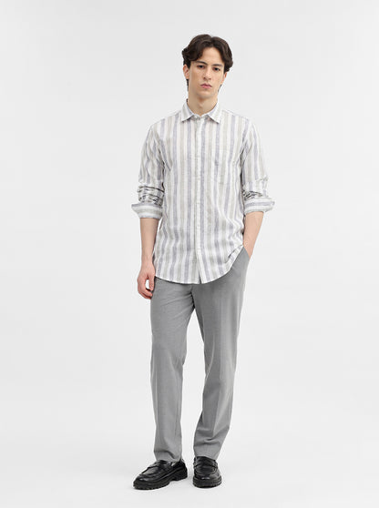 Grey & White Striped Slim Fit Casual Shirt | JadeBlue