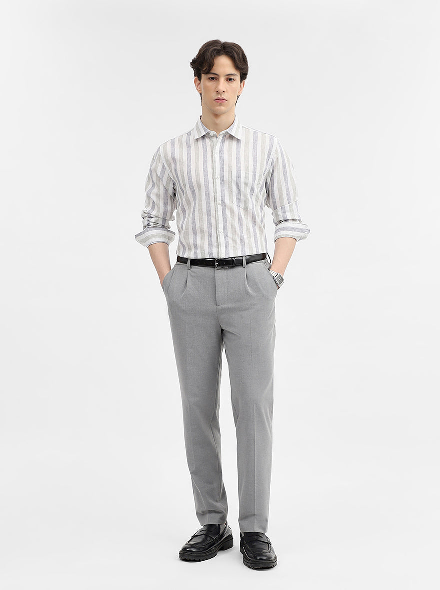 Grey & White Striped Slim Fit Casual Shirt | JadeBlue