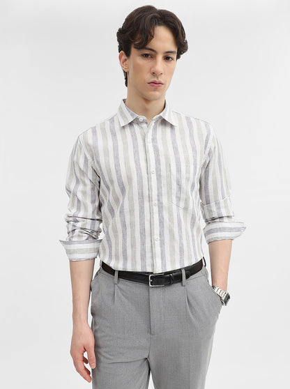 Grey & White Striped Slim Fit Casual Shirt | JadeBlue