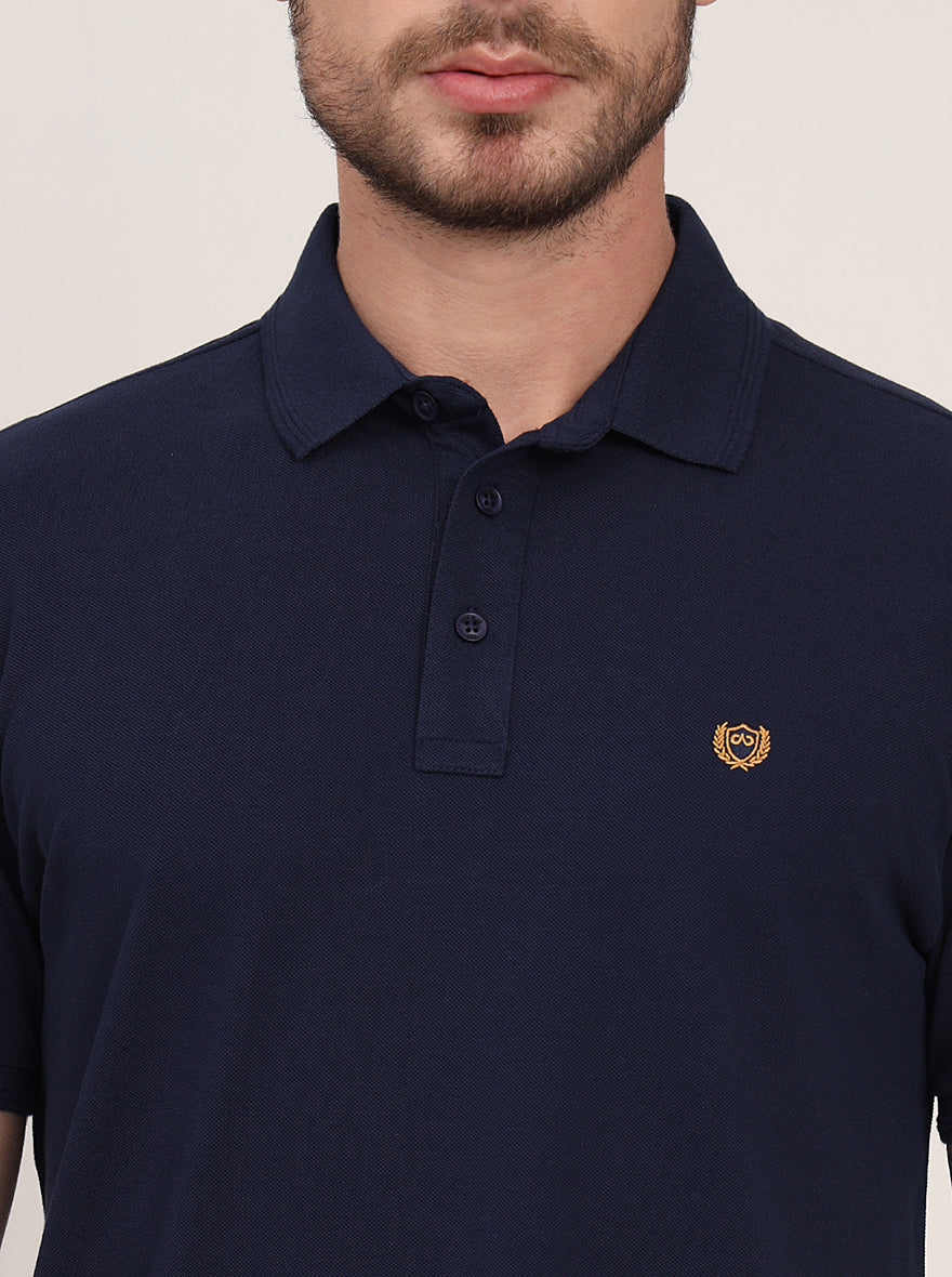 Navy Blue Solid Slim Fit Polo T-Shirt | JadeBlue
