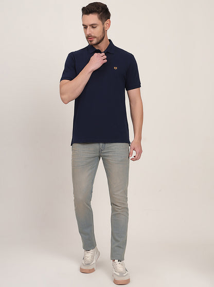 Navy Blue Solid Slim Fit Polo T-Shirt | JadeBlue