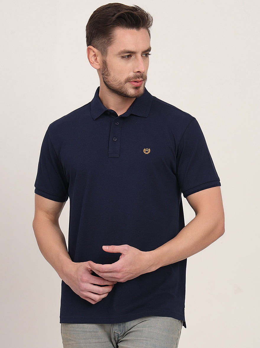Navy Blue Solid Slim Fit Polo T-Shirt | JadeBlue