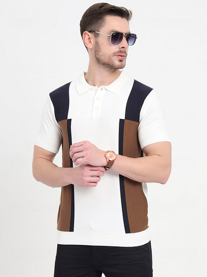 Ecru Mealnge & Brown Striped Slim Fit Polo T-Shirt | JadeBlue