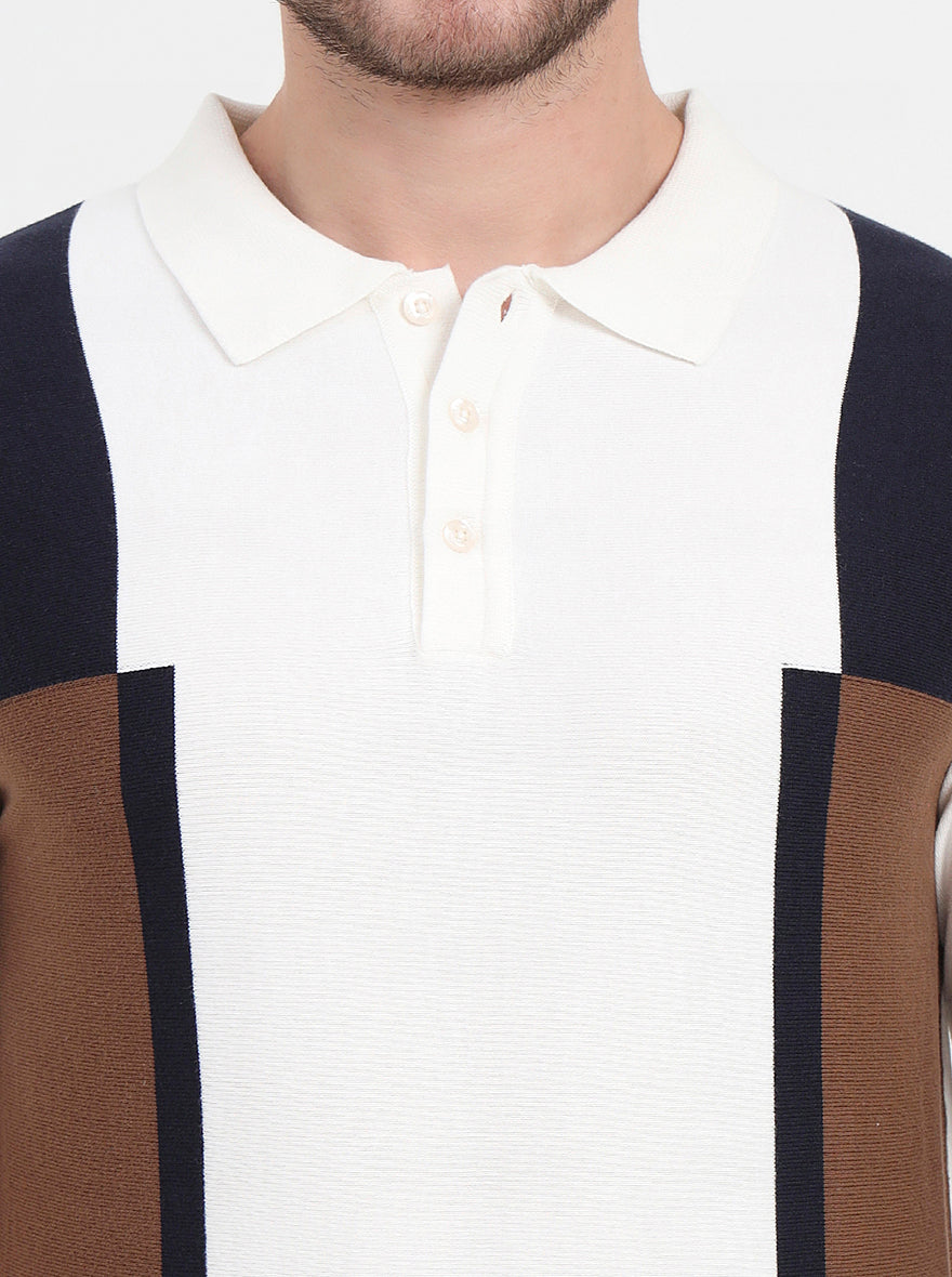 Ecru Mealnge & Brown Striped Slim Fit Polo T-Shirt | JadeBlue