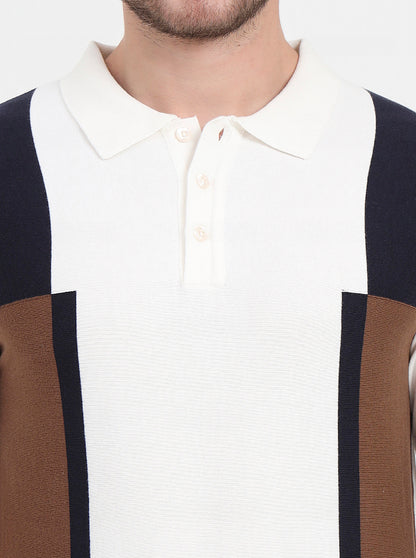 Ecru Mealnge & Brown Striped Slim Fit Polo T-Shirt | JadeBlue