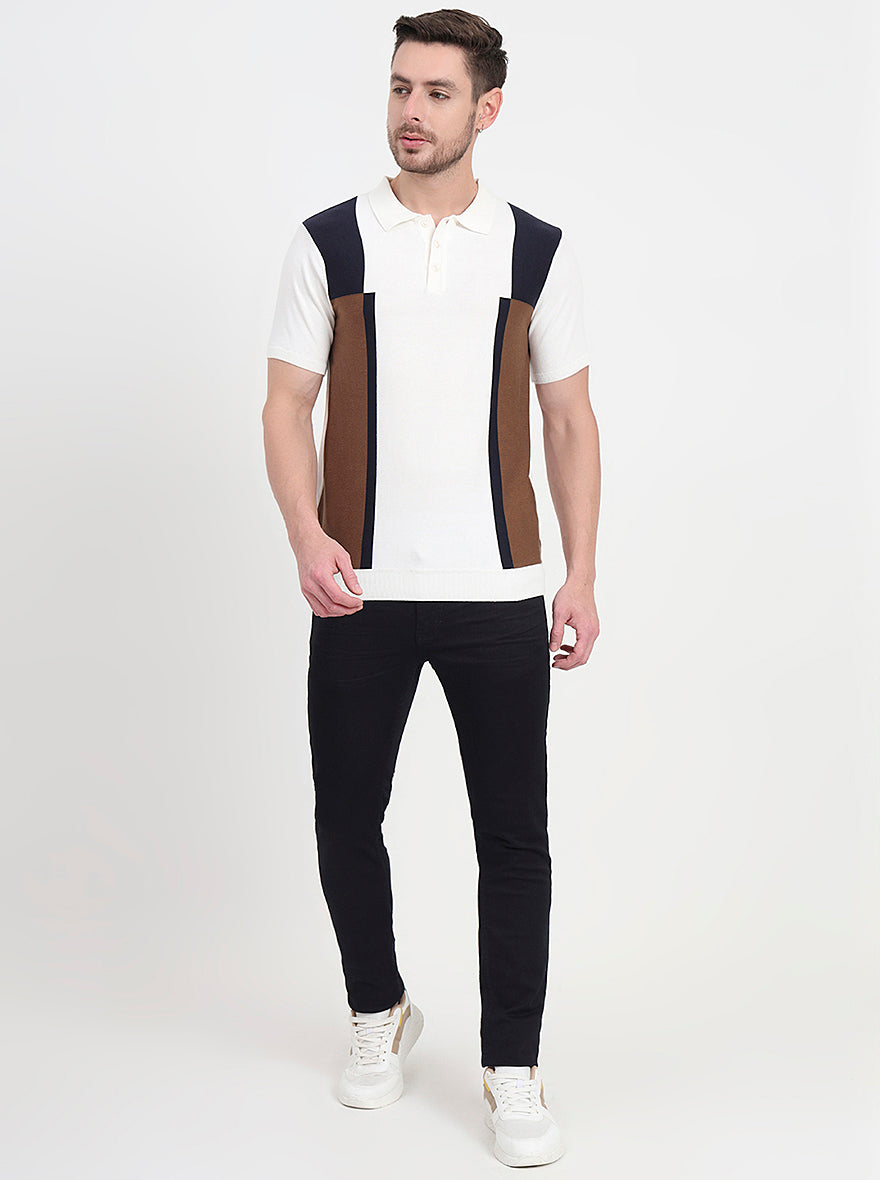 Ecru Mealnge & Brown Striped Slim Fit Polo T-Shirt | JadeBlue