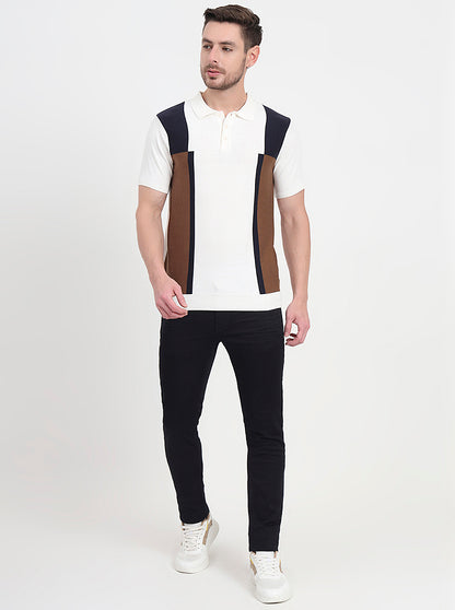 Ecru Mealnge & Brown Striped Slim Fit Polo T-Shirt | JadeBlue