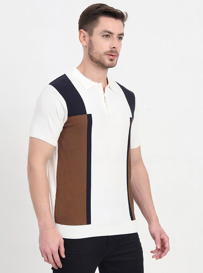 Ecru Mealnge & Brown Striped Slim Fit Polo T-Shirt | JadeBlue